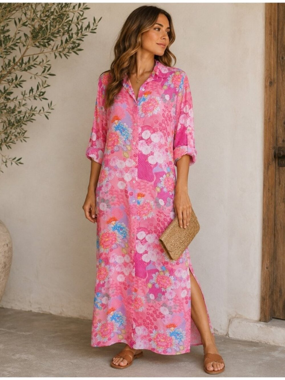 Dolma Adriana Maxi Shirt Dress Floral Pink Button-up Pockets Roll Tab Women's SM